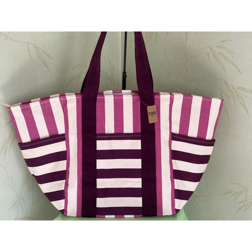 VICTORIA SECRET PINK STRIPED XL CANVAS TOTE BAG WEEKENDER BEACH Travel Purple